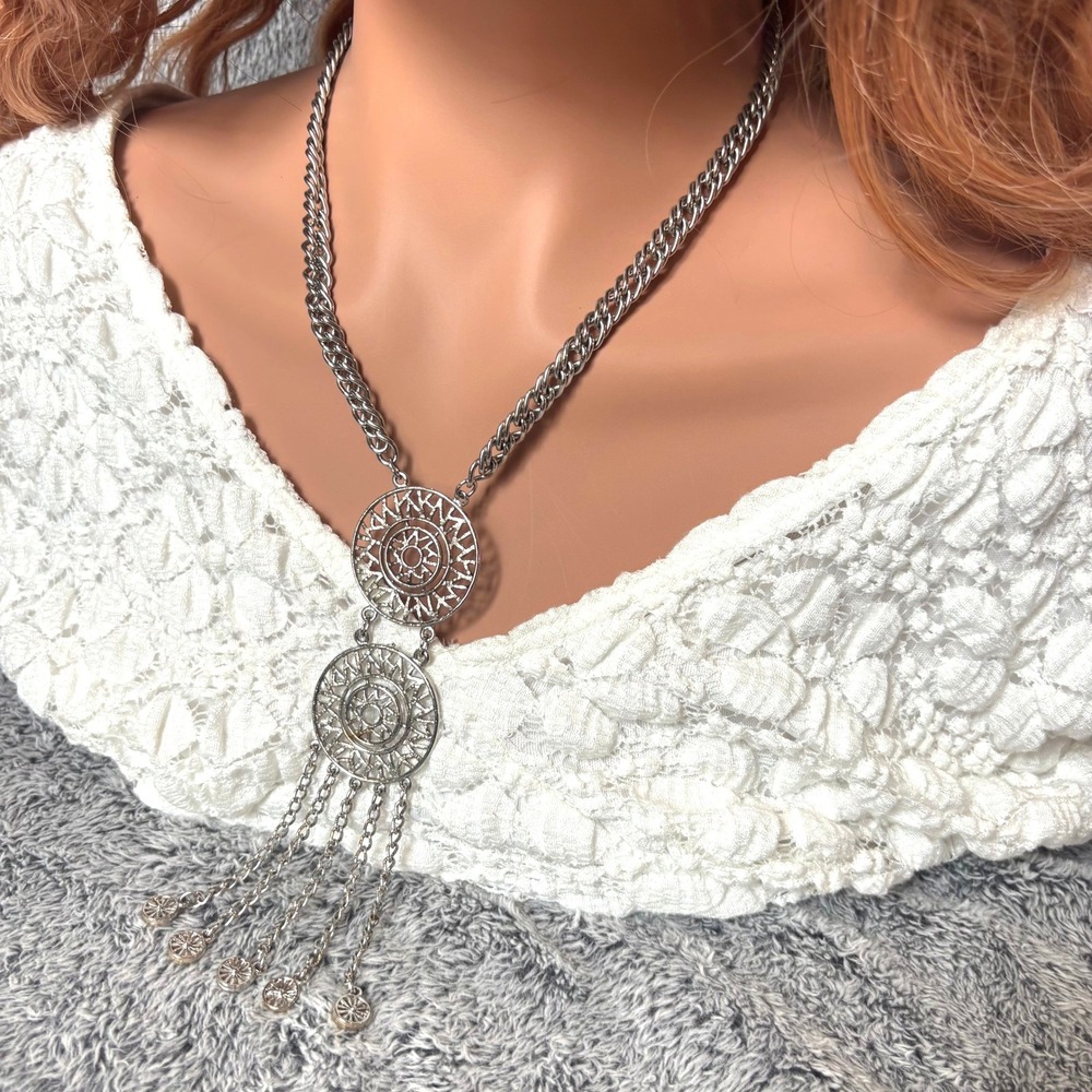 Western Medallion Tassel Y-Necklace Silver Tone Drop Boho Ethnic Tribal 21780